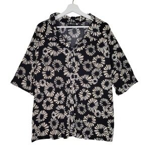 80 Park Shirt Top Womens 1X Black Tan‎ Floral Sunburst Short Sleeve Button Artsy